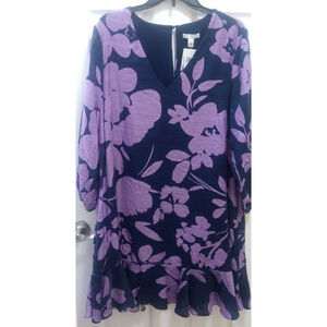 London Style Womens 3/4 Sleeve Floral Shift Dress Sz XL Lilac Navy Flowy NWT